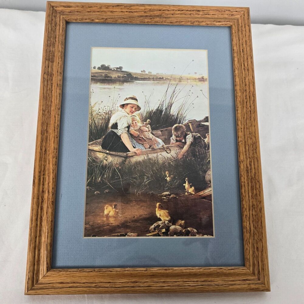 Mill Creek Vintage Oak Picture Frame Art Mom & Kids in Boat Ducks 12.5" x 9.5"